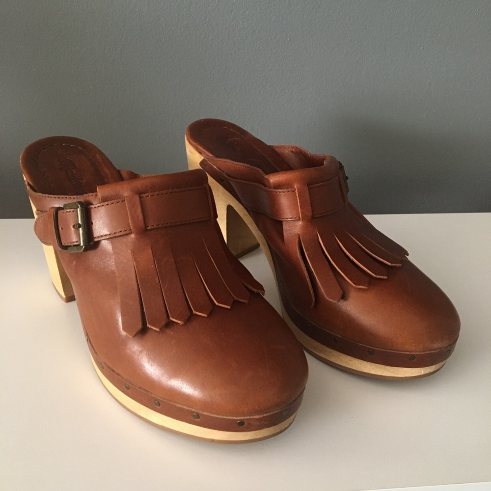 Madewell Kiltie Brown Leather Fringe Clog Mules